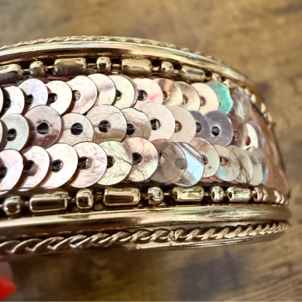 Y2K Chunky Copper Color Bangle Bracelet Metal & Sequins Spring Hinge Open Close - Picture 8 of 10